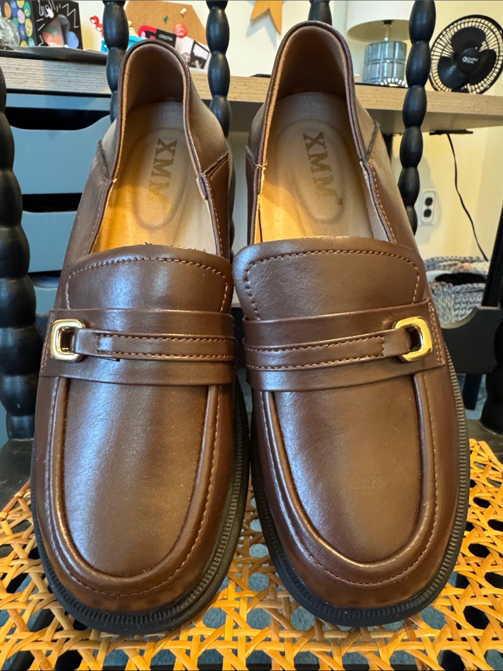 Women’s Brown Leather-Look Slip-On Loafers with Gold Accent